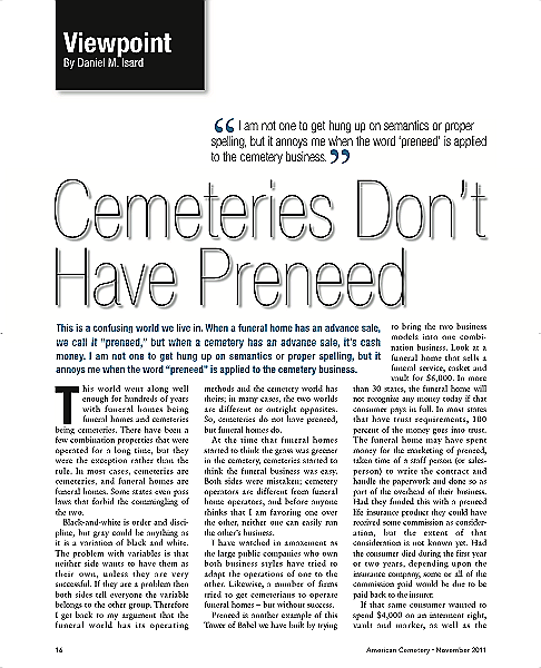 Funeral And Cemetery Consultants Dan Isard Cemeteries Don't Have Preneed Nov11 Cem