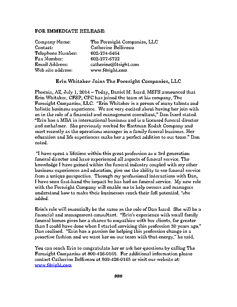 Funeral And Cemetery Consultants Dan Isard Erin Whitaker Press Release