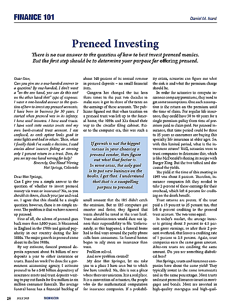 Funeral And Cemetery Consultants Dan Isard Preneed Investing Finance 101 June 2015