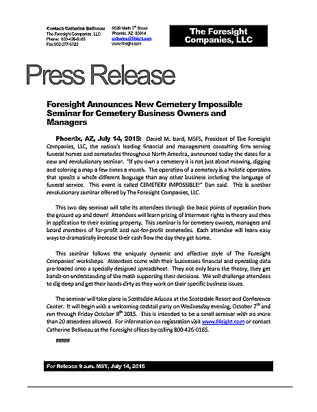 Funeral And Cemetery Consultants Dan Isard Press Release On Cemetery Impossible July 2015