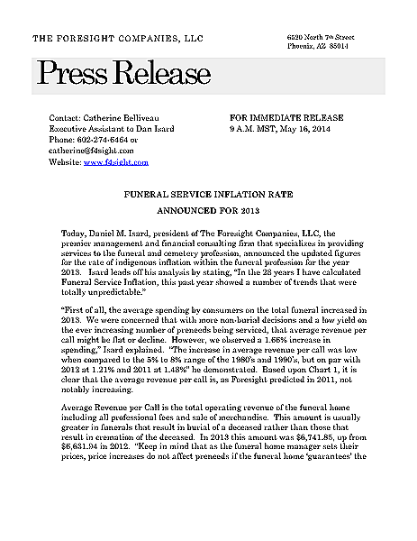 Funeral And Cemetery Consultants Dan Isard Press Release On Fsi 2013