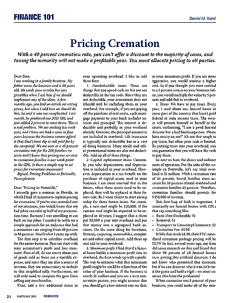 Funeral And Cemetery Consultants Dan Isard Pricing Cremation Finance 101 February 2015