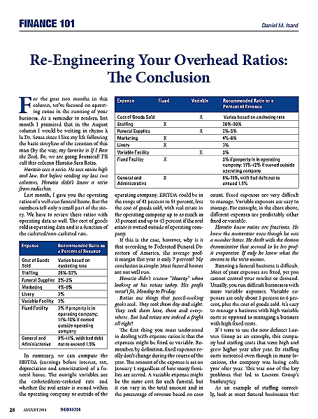 Funeral And Cemetery Consultants Dan Isard Re Engineering Your Overhead Ratios The Conclusion August 2014 Finance 101 The Director