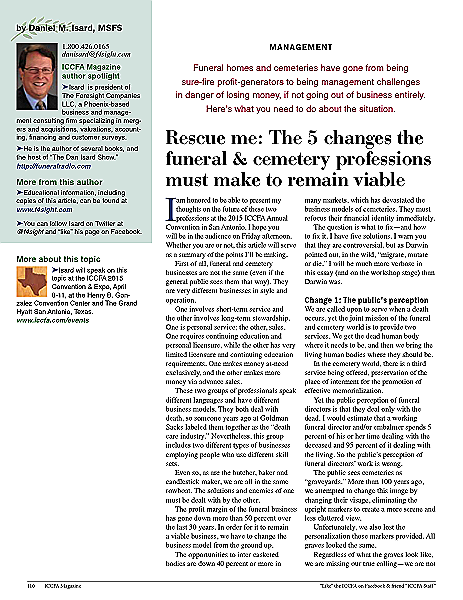Funeral And Cemetery Consultants Dan Isard Rescue Me The 5 Changes The Funeral Cemetery Professions Must Make Iccfa March April 2015