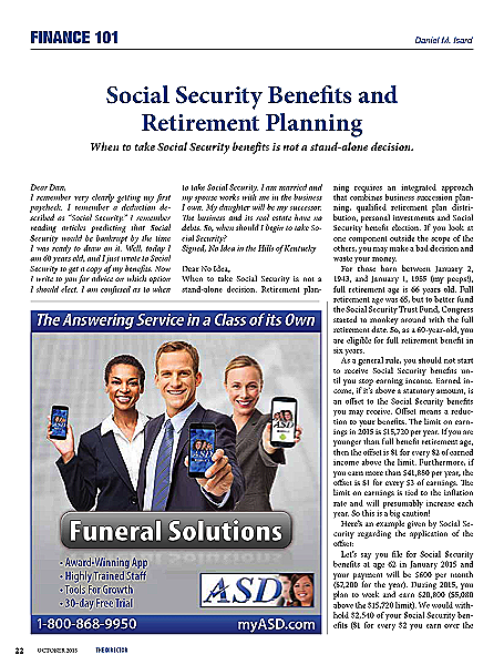 Funeral And Cemetery Consultants Dan Isard Social Security Benefits And Retirement Planning Finance 101 October 2015