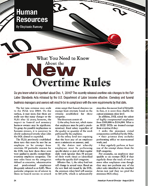 Funeral And Cemetery Consultants Stephanie Ramsey Overtime Rules August 2016