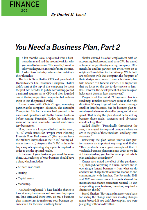 Funeral And Cemetery Consultants Dan Isard The Director Finance 201 You Need a Business Plan, Part 2